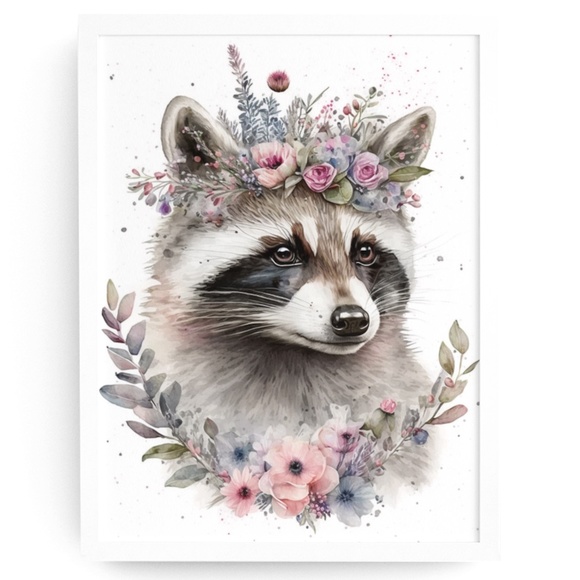 Other - Cute Floral Raccoon Watercolor Wall Art Illustration Print Poster Unframed